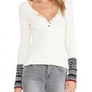 Free People White Long Sleeve Top with Black Patterned Cuffs